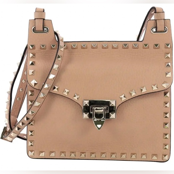VALENTINO GARAVANI Rockstud Leather Lock-Flap Square Shoulder Bag Skin Sorbet - Picture 1 of 17